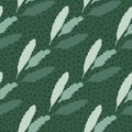 Simple seamless doodle pattern with floral leaves on green background with dots Royalty Free Stock Photo