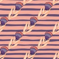 Simple seamless doodle pattern with flower vintage shapes. Purple botanic figures on stripped bright background Royalty Free Stock Photo