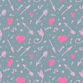 Simple seamless doodle pattern for Valentine's day. Pattern with cupid's arrows and hearts on blue background