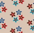 Simple  seamless floral pattern. Beige background with red, brown and blue flowers Royalty Free Stock Photo