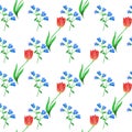 Simple seamless floral pattern. Blue bells and red tulips randomly located on white background.