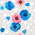 Simple seamless floral pattern with pink and blue poppy flowers on funny polka dot background