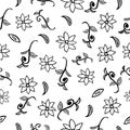 Simple Seamless outline Vector hand draw sketch three different floral and small Branch small tree for background, scarf curtain,