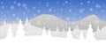 Simple seamless paper cut winter vector landscape with layered mountains, trees and falling snowflakes on blue background Royalty Free Stock Photo