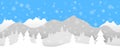 Simple seamless paper cut winter vector landscape with layered mountains, trees and falling snowflakes on blue background Royalty Free Stock Photo
