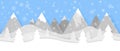 Simple seamless paper cut winter vector landscape with snowflakes, layered mountains and trees on blue background Royalty Free Stock Photo