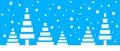 Simple seamless paper cut winter vector landscape with stylized low poly trees and falling snowflakes on blue background