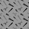 Seamless pattern with barber tools on grey background: round comb, hairbrush, scissors and hair iron