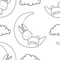 Simple seamless pattern, black and white cute kawaii hand drawn bunny doodles, coloring pages