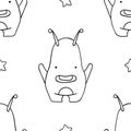 Simple seamless pattern, black and white cute kawaii hand drawn monster doodles, coloring pages