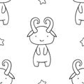 Simple seamless pattern, black and white cute kawaii hand drawn monster doodles, coloring pages