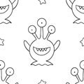 Simple seamless pattern, black and white cute kawaii hand drawn monster doodles, coloring pages