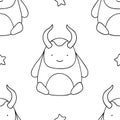 Simple seamless pattern, black and white cute kawaii hand drawn monster doodles, coloring pages