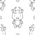 Simple seamless pattern, black and white cute kawaii hand drawn monster doodles, coloring pages