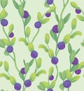 Simple seamless pattern with blueberries, leaves and branches.