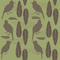 Simple seamless pattern brown singing birds and feathers sitting