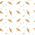 A simple seamless pattern of a bunch of carrots on a white background. For kitchen, for printing on textiles, phone case. Mix