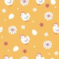 Simple seamless pattern with chickens, eggs and flowers. Vector graphics Royalty Free Stock Photo