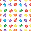 Simple seamless pattern with colorful separated jigsaw puzzles on white. Watercolor hand drawn illustrations in cartoon realistic