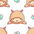 Simple seamless pattern, cute kawaii hand drawn llama doodles