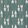 Simple seamless pattern with grey garden tool silhouettes. Green stripped background. Shovel and rake ornament Royalty Free Stock Photo