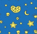 Simple seamless pattern with hand drawn elements: stars, moon, hearts, diamonds, and crown. Vector trendy kid pattern