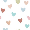 Simple seamless pattern of hand drawn pastel colored hearts on a white background