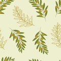 Simple seamless pattern with line and colorful olive leaves and branches on beige background. Floral texture for textile design, Royalty Free Stock Photo