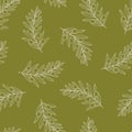 Simple seamless pattern with line olive leaves and branches on green background. Floral texture for textile design, greeting cards Royalty Free Stock Photo