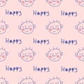 Simple seamless pattern with newborn baby faces and text HAPPY. Cute background for textile, stationery, wrapping paper, covers. Royalty Free Stock Photo