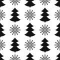 Simple seamless pattern with repeated silhouettes of snowflakes and Christmas trees.