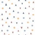 Simple seamless pattern with repeating small circles and triangles.