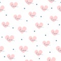 Simple seamless pattern with scattered dots and hearts with handwritten text Love.