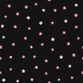 Simple seamless pattern with scattered pink hearts on black background.