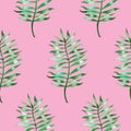 Simple seamless pattern with watercolor palm leaves on bright pink. Texture with tropical leaf repeat Royalty Free Stock Photo