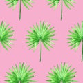 Simple seamless pattern with watercolor palm leaves on bright pink. Texture with tropical leaf repeat Royalty Free Stock Photo