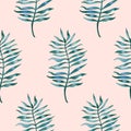 Simple seamless pattern with watercolor palm leaves on light peach background. Texture with tropical leaf repeat Royalty Free Stock Photo