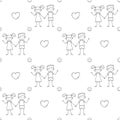 A simple seamless school pattern with cute kids drawn in a childish style, a heart and a smiley face. Black and white background