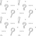 A simple seamless school pattern with punctuation marks, exclamation, question marks, ellipsis, magnifying glass. Black and white