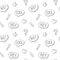 A simple seamless school pattern with speech bubbles, punctuation marks, an arrow, a heart. Black and white background with Royalty Free Stock Photo
