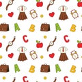 A simple seamless school pattern with a school uniform, an alarm clock, the letters ABC, a briefcase, an apple. Background with Royalty Free Stock Photo