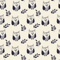 Simple seamless vector pattern. Cute hand drawn owls and twigs with leaves. The background color is easy to change Royalty Free Stock Photo
