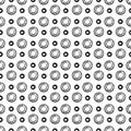 Simple seamless white black pattern with circles and rings imprint in hand printing technique