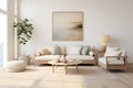 Simple and serene lounge space showcasing a light-colored couch, uncluttered decor, and inviting ambiance