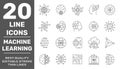 Simple set of artificial intelligence and machine learning related line icons contains such icons as droid, chip, brain, AI, IoT.
