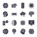 Simple set of artificial intelligence related line icons contains such icons as droid, eye, chip, brain