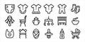 Simple Set of baby supply and outfit Related Vector icon lineal style graphic design. Contains such Icons as diaper, jumpsuit, boy