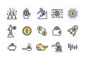 Simple set of Bitcoin line icons. Yellow Bitcoin or Cryptocurrency coin icons for website, application.