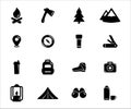 Simple Set of camping and hiking gear Related Vector icon design. Contains such Icons as mountain, campfire, axe, tree, compass, Royalty Free Stock Photo