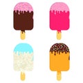 Simple set with chocolate, orange, vanilla, strawberry ice cream in retro style. Vector illustration. Summer theme.
